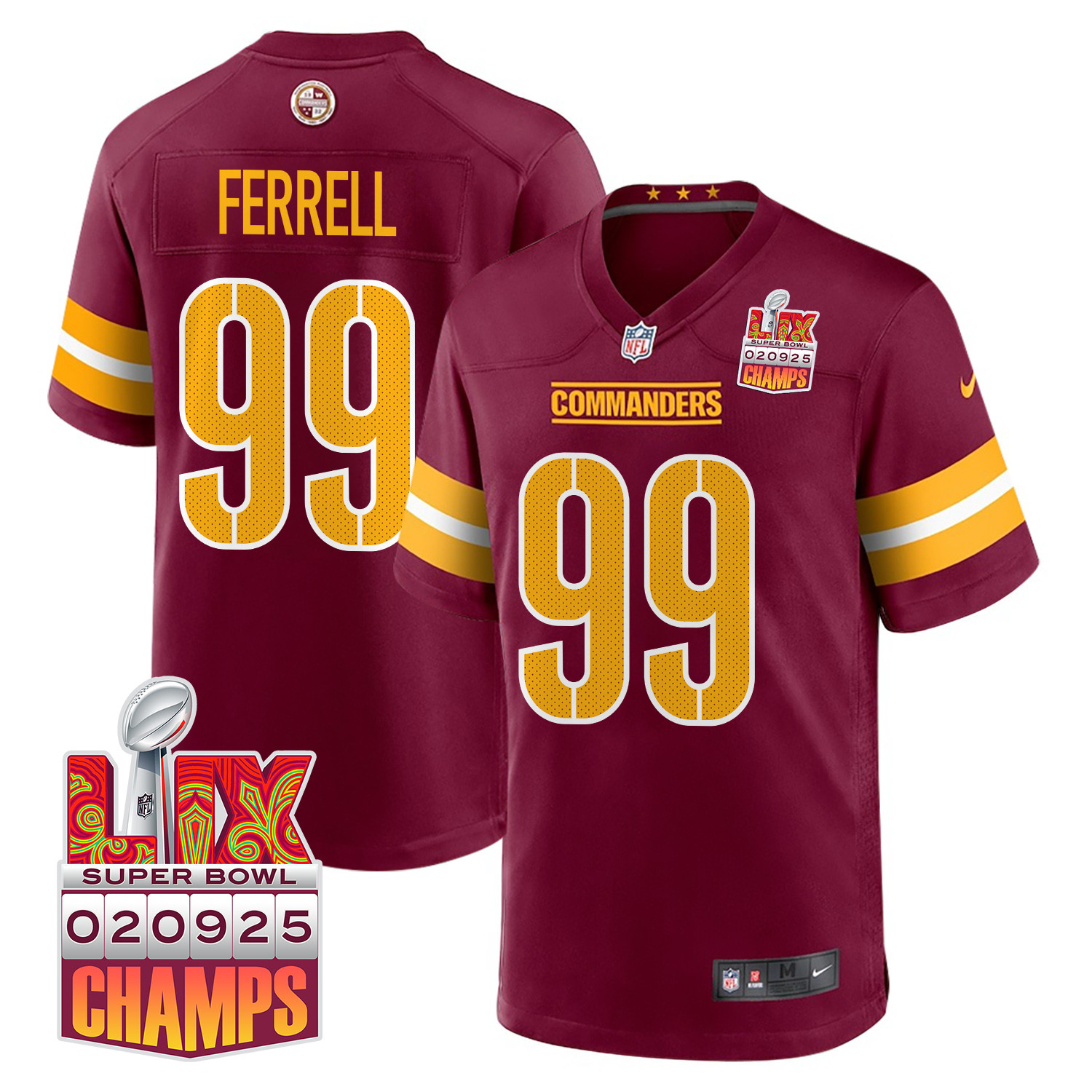Clelin Ferrell 99 Washington Commanders Super Bowl LIX Champions Patch Game Men Jersey - Burgundy JS5072 nicesnker
