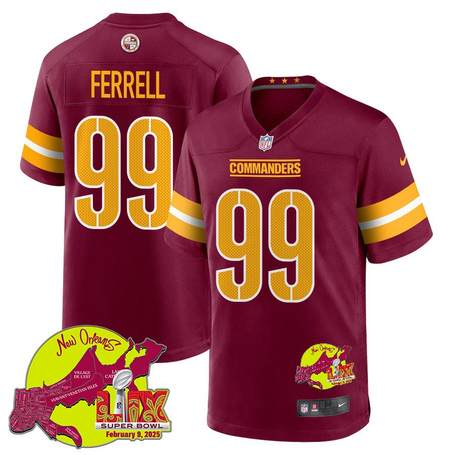 Clelin Ferrell 99 Washington Commanders Super Bowl LIX New Orleans Patch Game Men Jersey - Burgundy JS9188 nicesnker