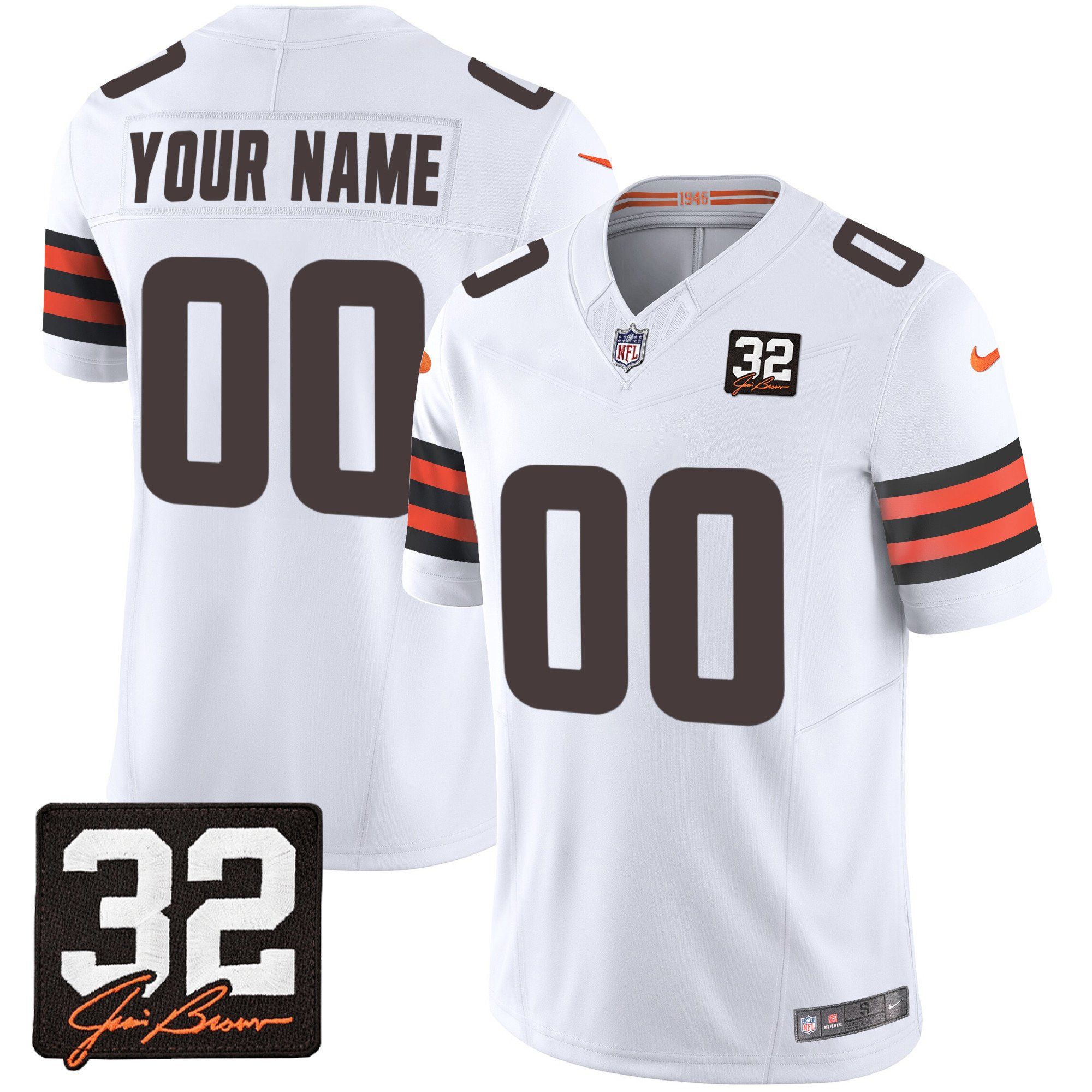 Cleveland Browns Jim Brown Memorial Patch Game Men Custom Jersey - White JS3516 nicesnker