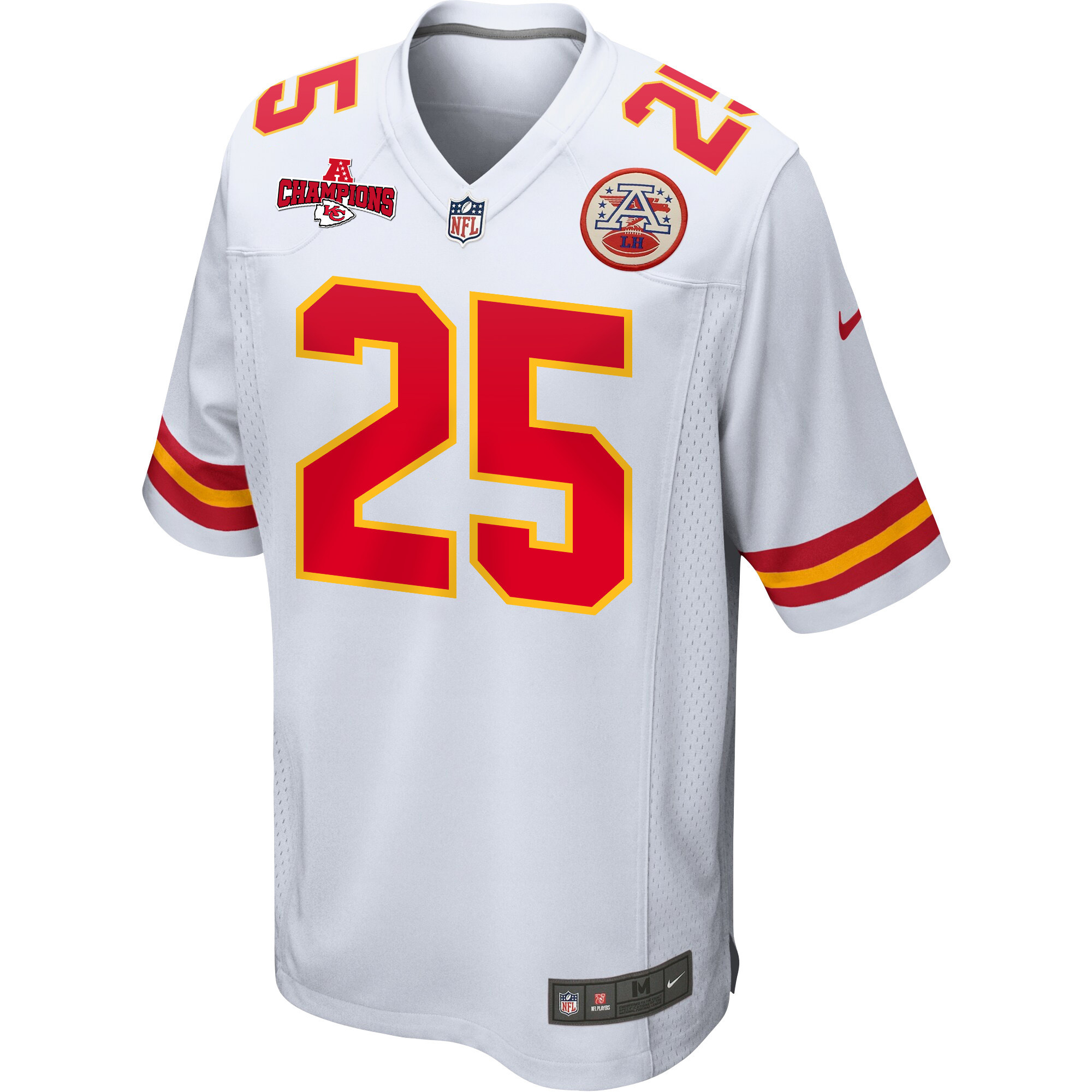 Alternative view of Clyde Edwards-Helaire 25 Kansas City Chiefs AFC Champions Patch Game Men Jersey - White JS6542 nicesnker