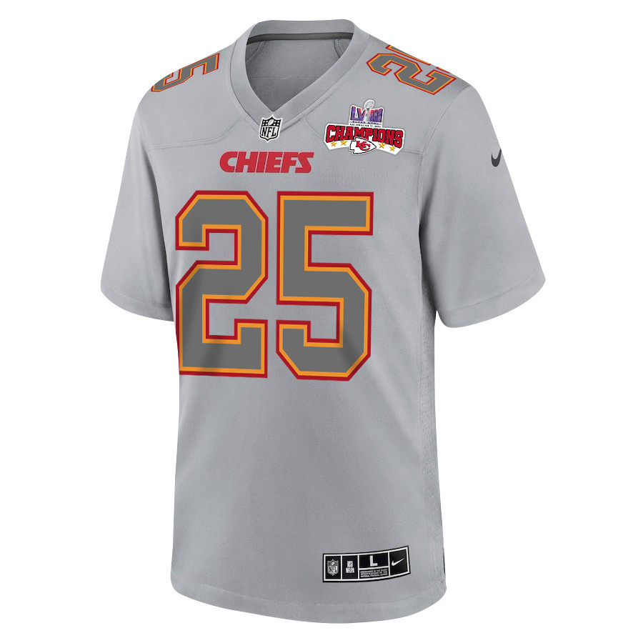 Alternative view of Clyde Edwards-Helaire 25 Kansas City Chiefs Super Bowl LVIII Champions 4 Stars Patch Atmosphere Fashion Game Men Jersey - Gray JS4386 nicesnker