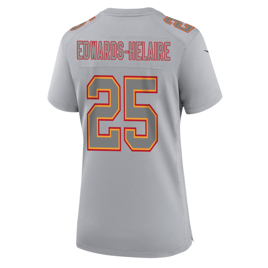 Clyde Edwards-Helaire 25 Kansas City Chiefs Super Bowl LVIII Champions 4 Stars Patch Atmosphere Fashion Game Women Jersey - Gray JS1431 nicesnker - Image 3