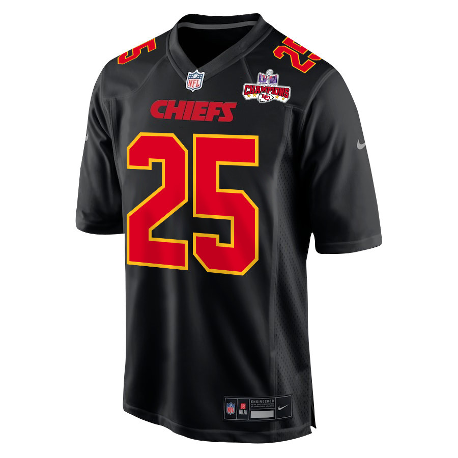 Alternative view of Clyde Edwards-Helaire 25 Kansas City Chiefs Super Bowl LVIII Champions 4 Stars Patch Fashion Game Men Jersey - Carbon Black JS2295 nicesnker