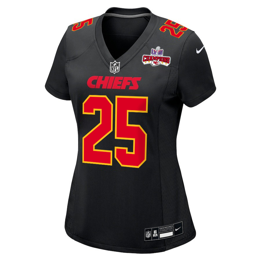 Alternative view of Clyde Edwards-Helaire 25 Kansas City Chiefs Super Bowl LVIII Champions 4 Stars Patch Fashion Game Women Jersey - Carbon Black JS2640 nicesnker
