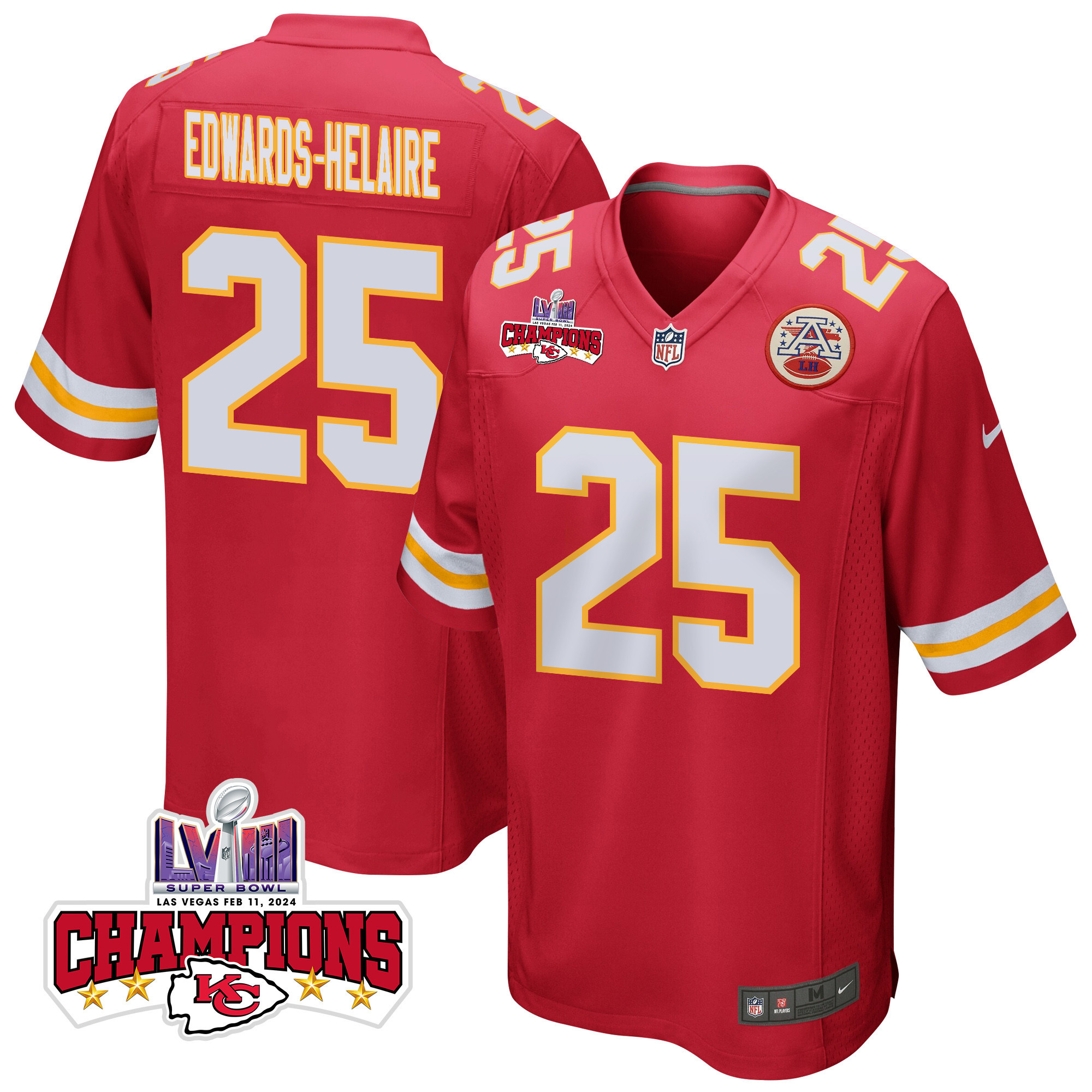 Clyde Edwards-Helaire 25 Kansas City Chiefs Super Bowl LVIII Champions 4 Stars Patch Game Men Jersey - Red JS8538 nicesnker