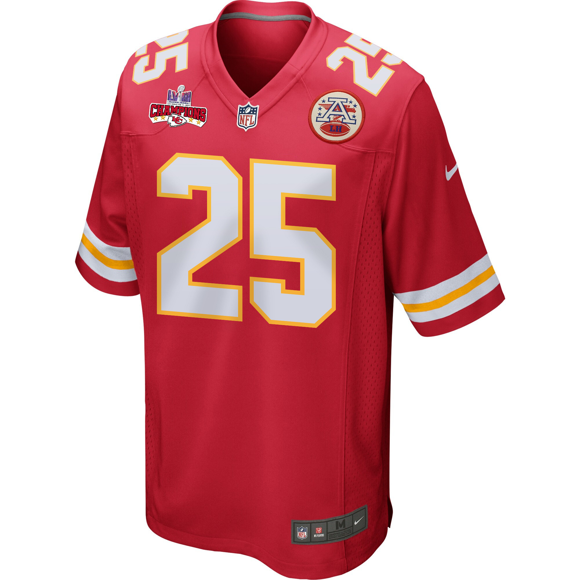 Alternative view of Clyde Edwards-Helaire 25 Kansas City Chiefs Super Bowl LVIII Champions 4 Stars Patch Game Men Jersey - Red JS8538 nicesnker