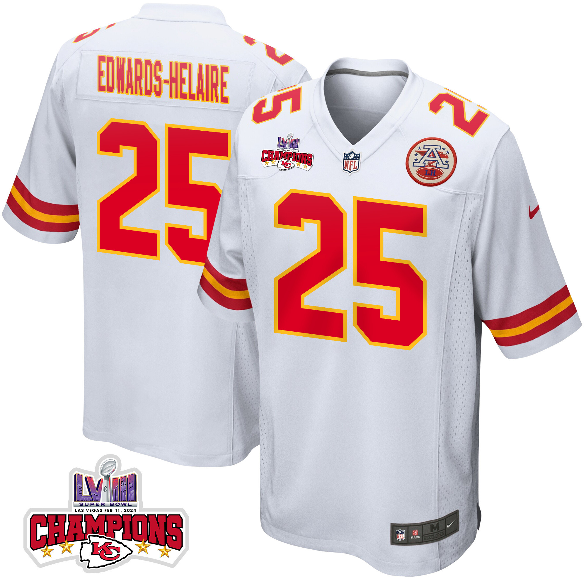 Clyde Edwards-Helaire 25 Kansas City Chiefs Super Bowl LVIII Champions 4 Stars Patch Game Men Jersey - White JS5863 nicesnker