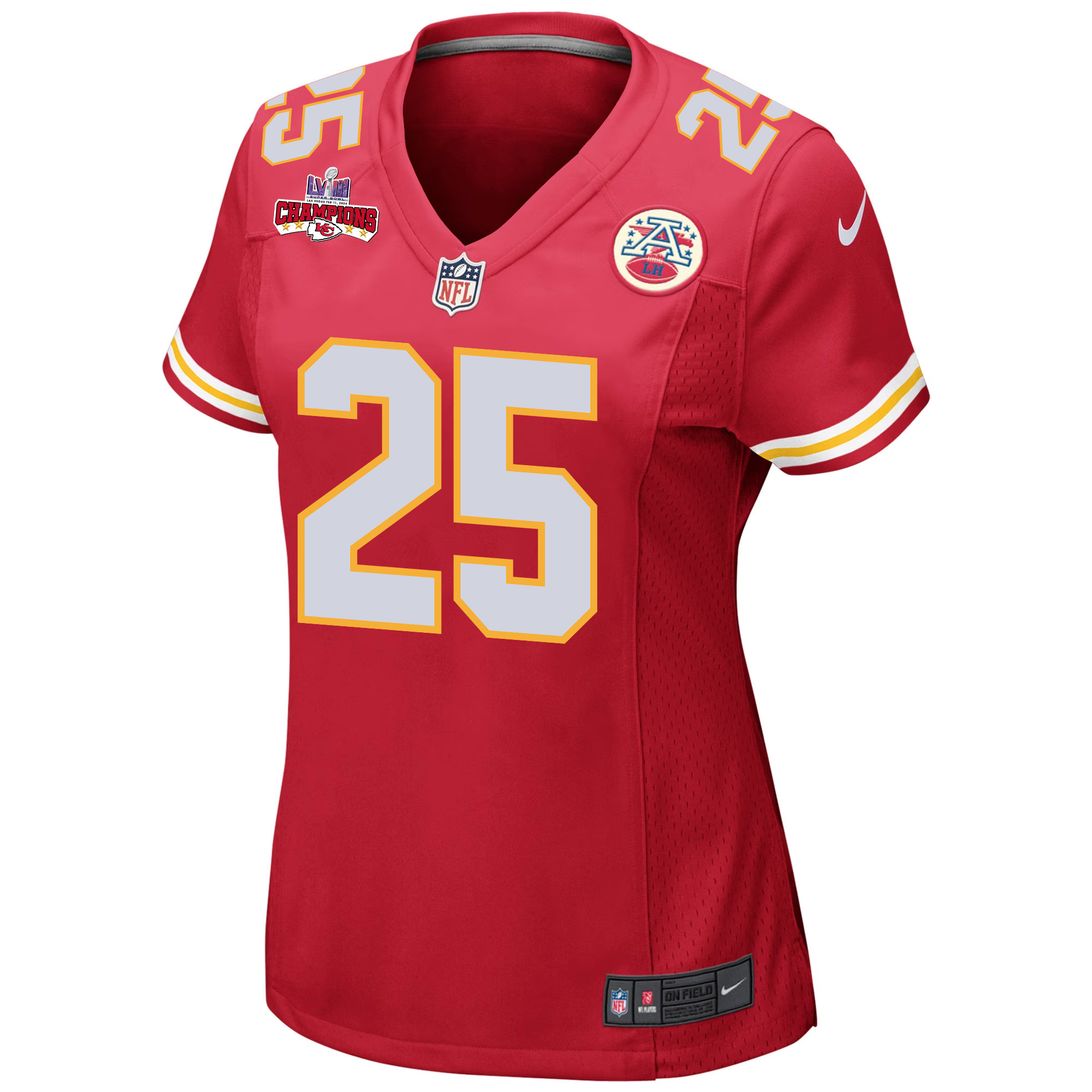 Alternative view of Clyde Edwards-Helaire 25 Kansas City Chiefs Super Bowl LVIII Champions 4 Stars Patch Game Women Jersey - Red JS8037 nicesnker