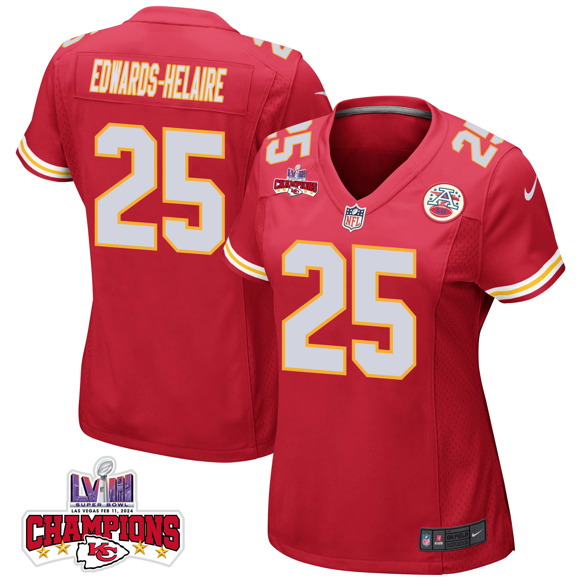 Clyde Edwards-Helaire 25 Kansas City Chiefs Super Bowl LVIII Champions 4 Stars Patch Game Women Jersey - Red JS8037 nicesnker