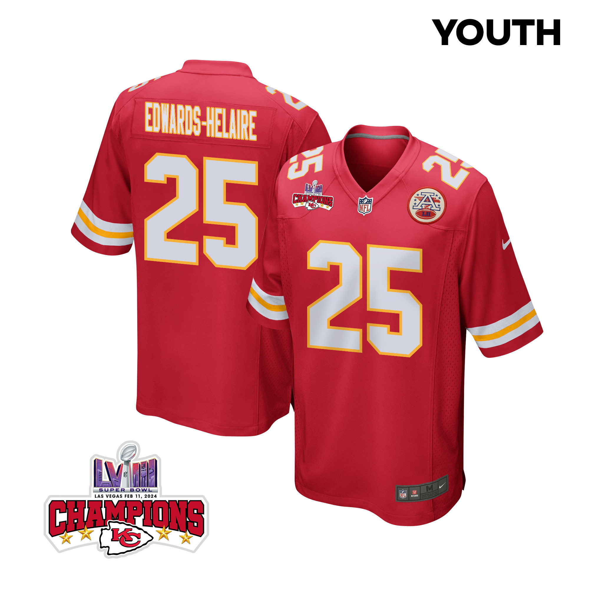 Clyde Edwards-Helaire 25 Kansas City Chiefs Super Bowl LVIII Champions 4 Stars Patch Game YOUTH Jersey - Red JS5686 nicesnker