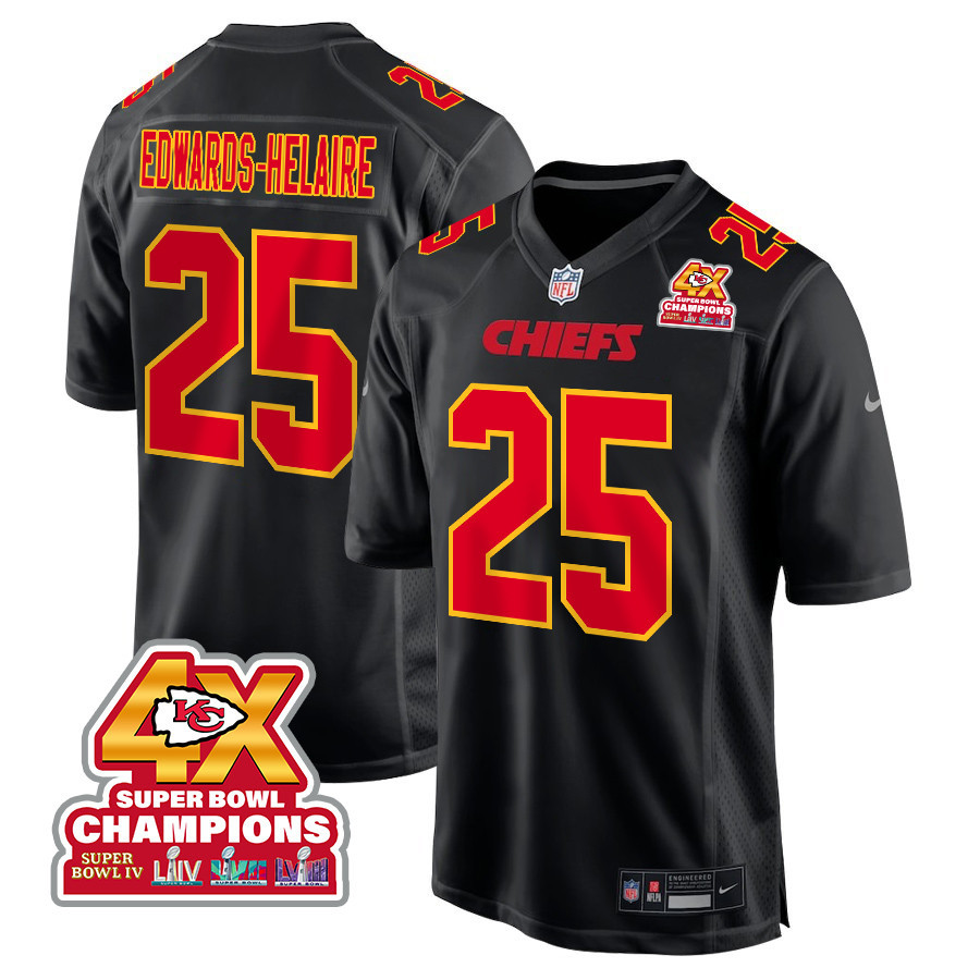 Clyde Edwards-Helaire 25 Kansas City Chiefs Super Bowl LVIII Champions 4X Fashion Game Men Jersey - Carbon Black JS8515 nicesnker