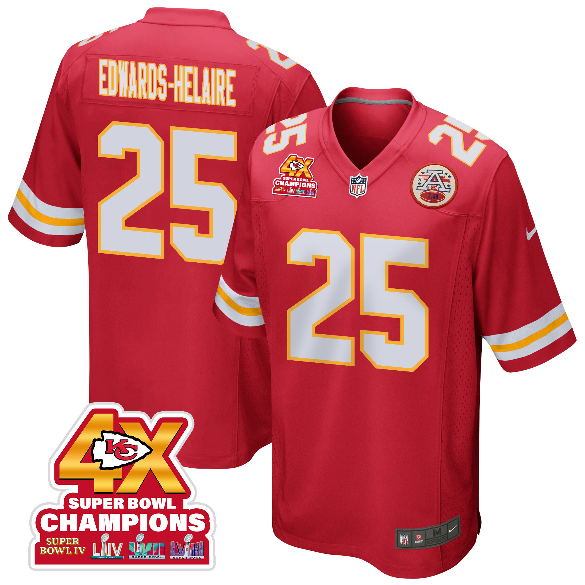 Clyde Edwards-Helaire 25 Kansas City Chiefs Super Bowl LVIII Champions 4X Game Men Jersey - Red JS7210 nicesnker