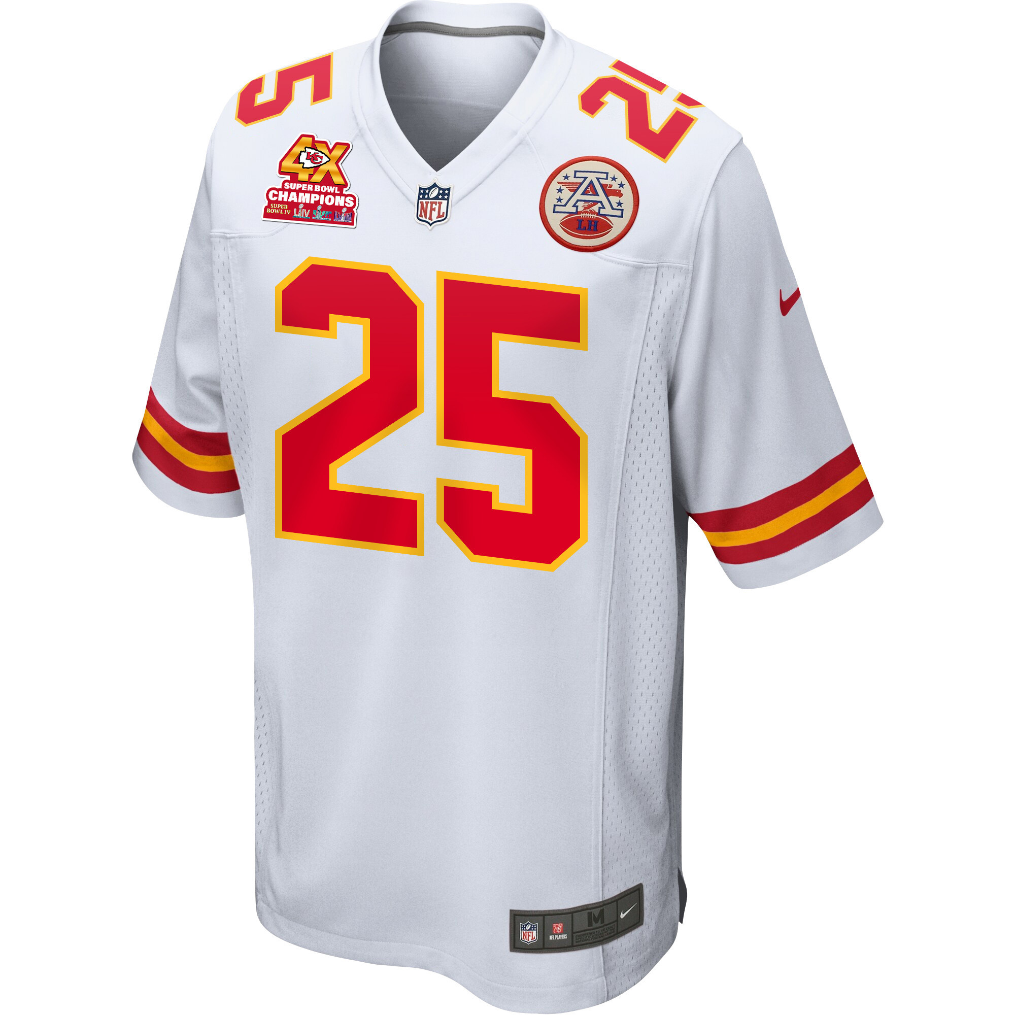 Alternative view of Clyde Edwards-Helaire 25 Kansas City Chiefs Super Bowl LVIII Champions 4X Game Men Jersey - White JS3927 nicesnker