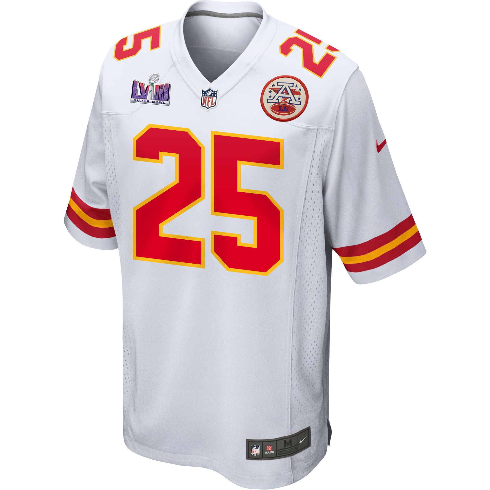 Alternative view of Clyde Edwards-Helaire 25 Kansas City Chiefs Super Bowl LVIII Patch Game Men Jersey - White JS4477 nicesnker