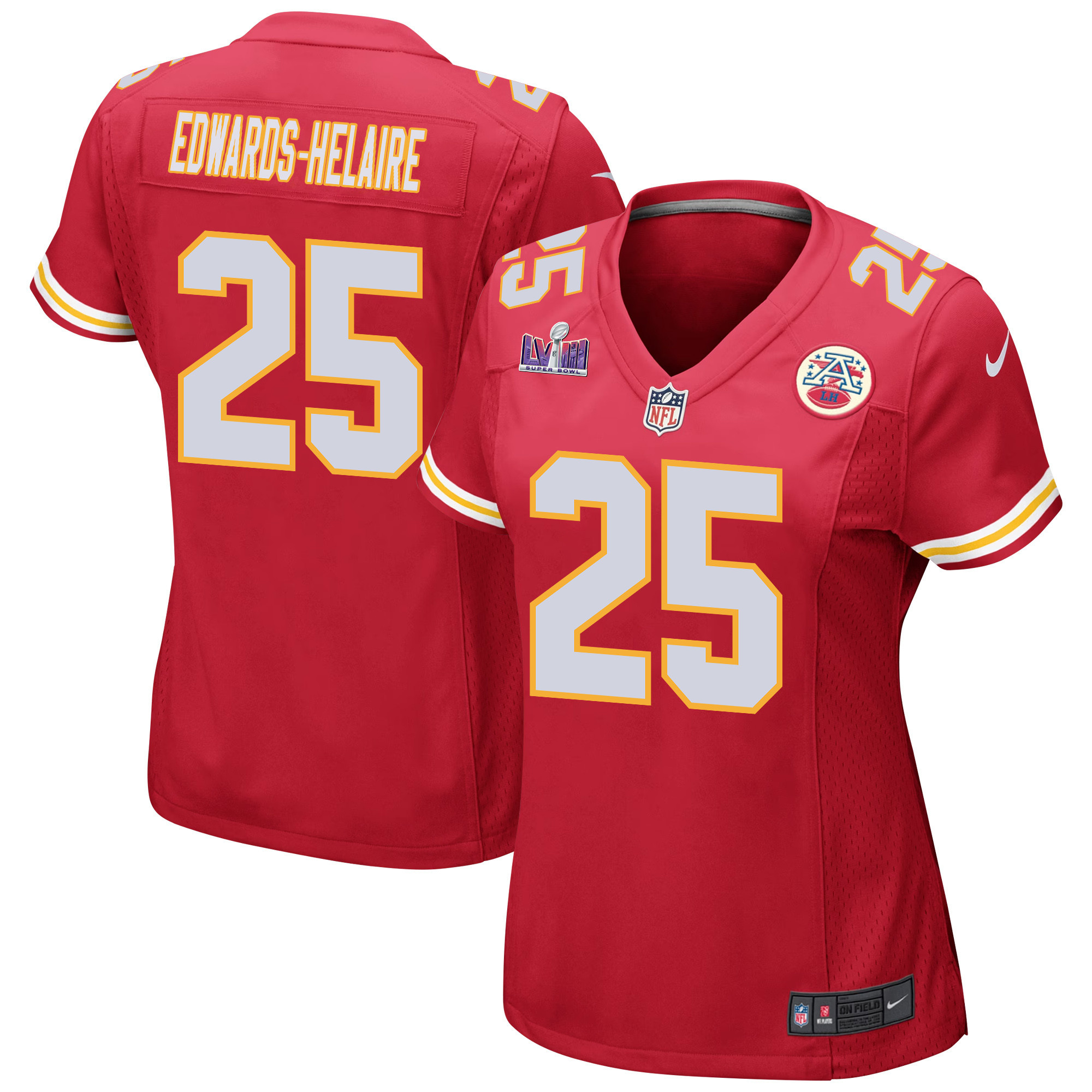 Clyde Edwards-Helaire 25 Kansas City Chiefs Super Bowl LVIII Patch Game Women Jersey - Red JS7686 nicesnker