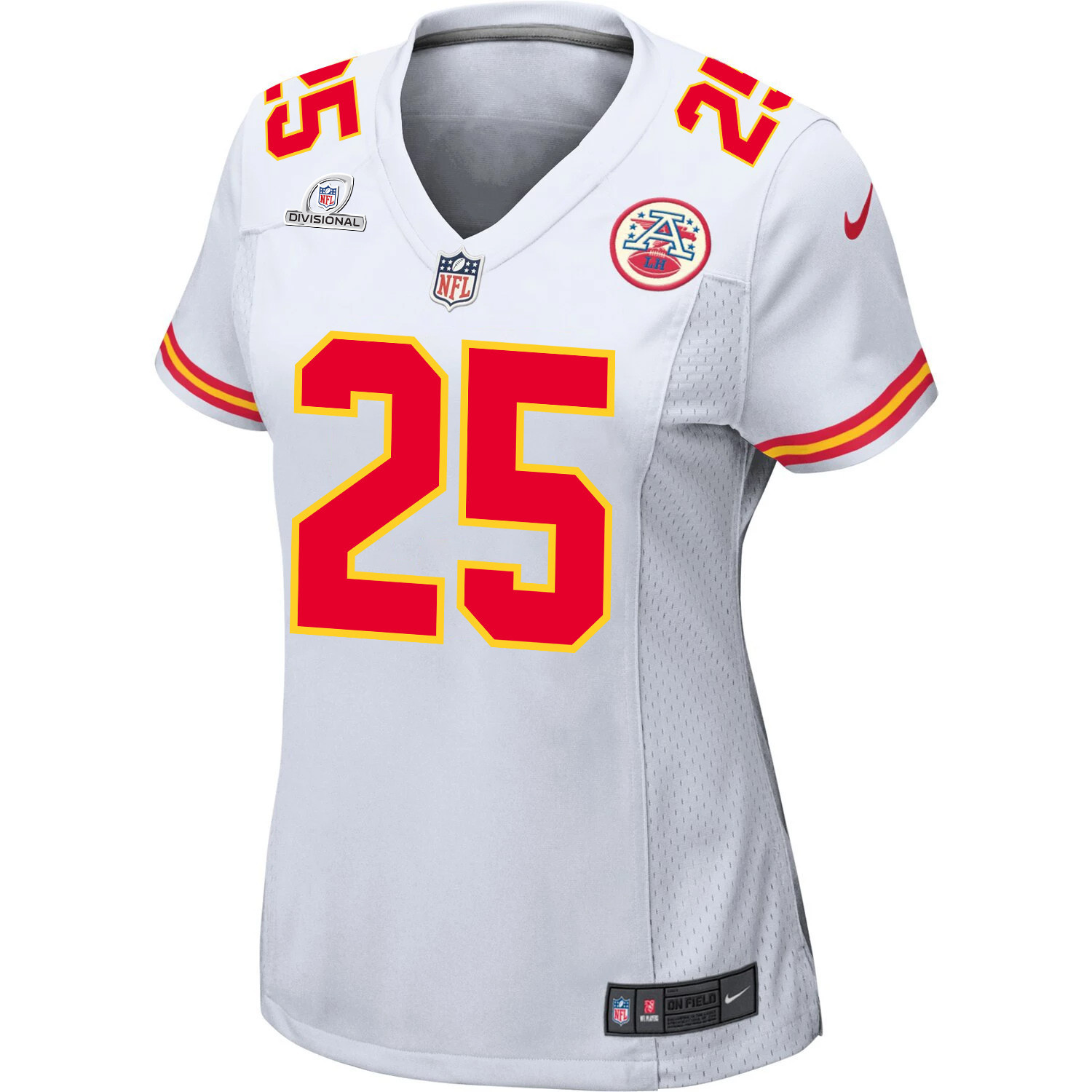Alternative view of Clyde Edwards-Helaire 25 Kansas City Chiefs Super Bowl LVIII Patch Game Women Jersey - White JS6470 nicesnker