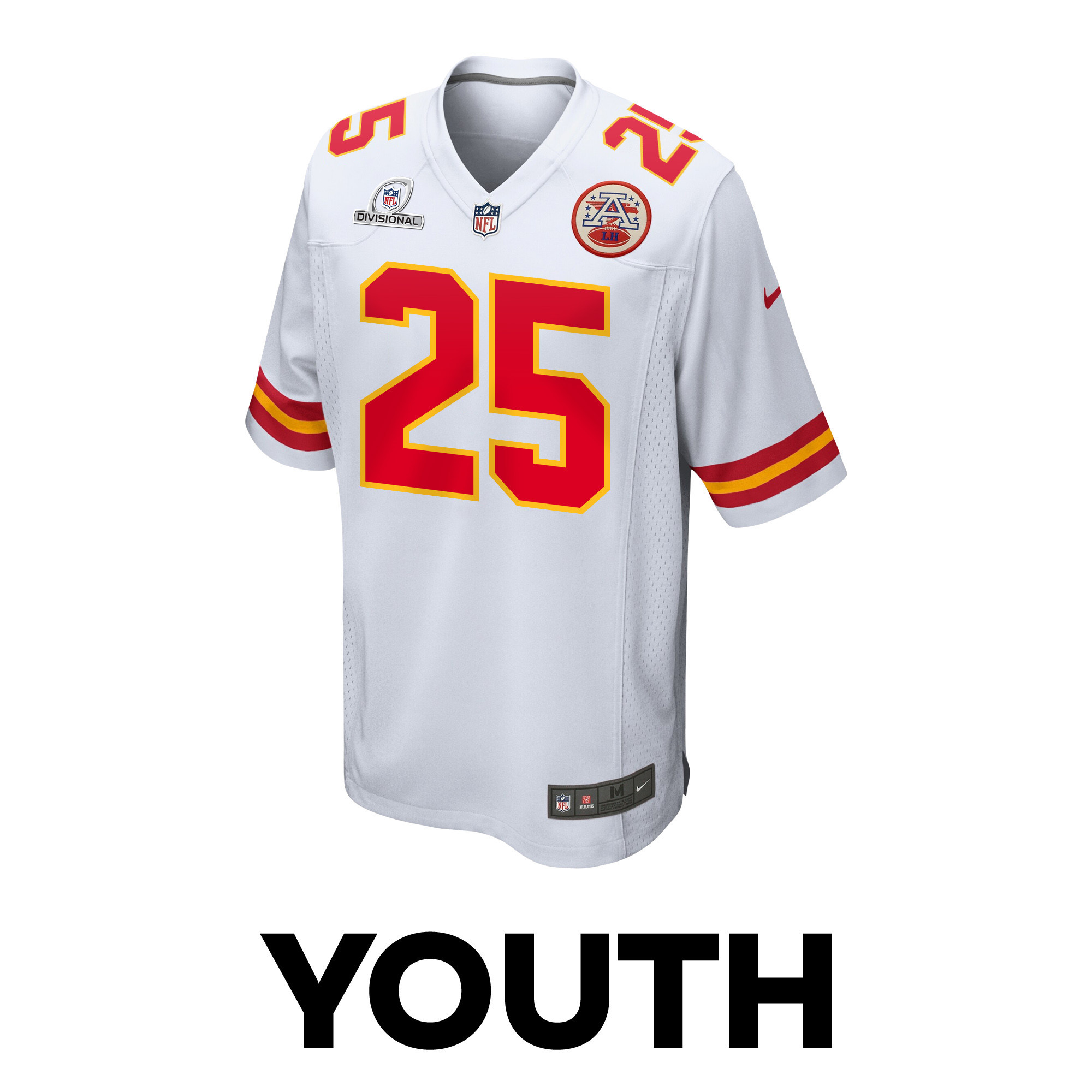 Alternative view of Clyde Edwards-Helaire 25 Kansas City Chiefs Super Bowl LVIII Patch Game YOUTH Jersey - White JS5307 nicesnker