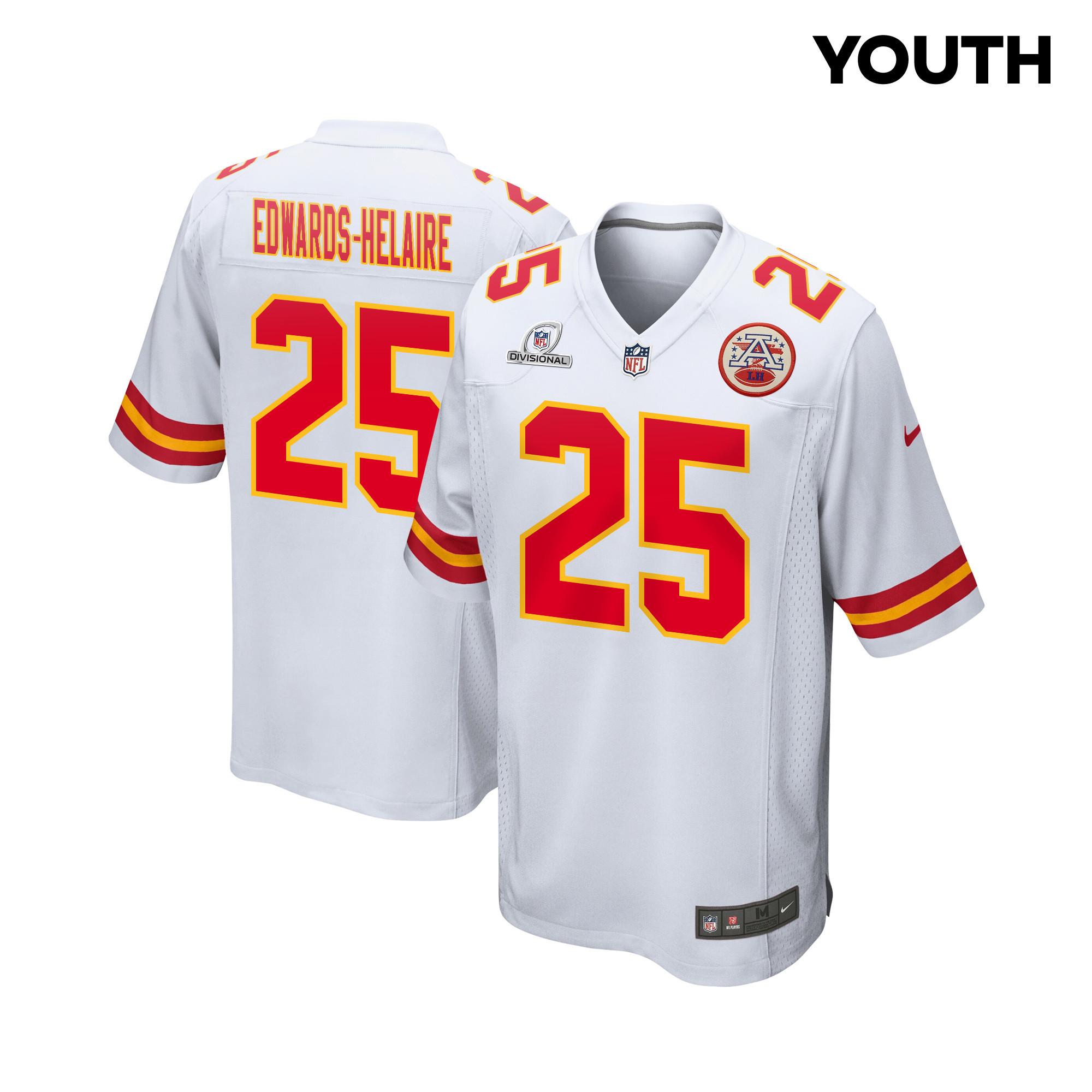 Clyde Edwards-Helaire 25 Kansas City Chiefs Super Bowl LVIII Patch Game YOUTH Jersey - White JS5307 nicesnker