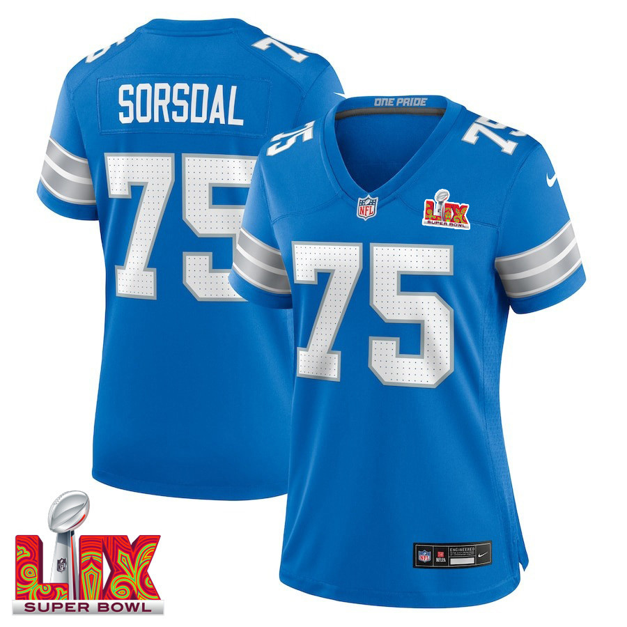 Colby Sorsdal #75 Detroit Lions Super Bowl LIX Women's Jersey - Blue JS7033 nicesnker