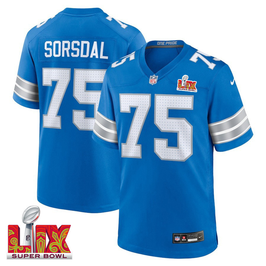 Colby Sorsdal #75 Detroit Lions Super Bowl LIX YOUTH Jersey - Blue JS5315 nicesnker