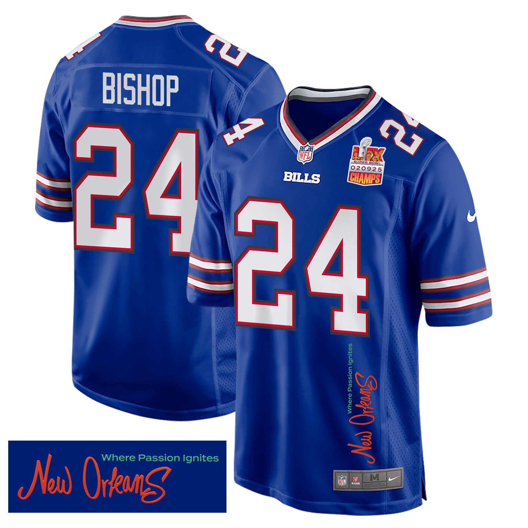 Cole Bishop 24 Buffalo Bills Super Bowl LIX Champions Patch 'New Orleans - Where Passion Ignites' EMBROIDERED Game Men Jersey - Royal JS8999 nicesnker