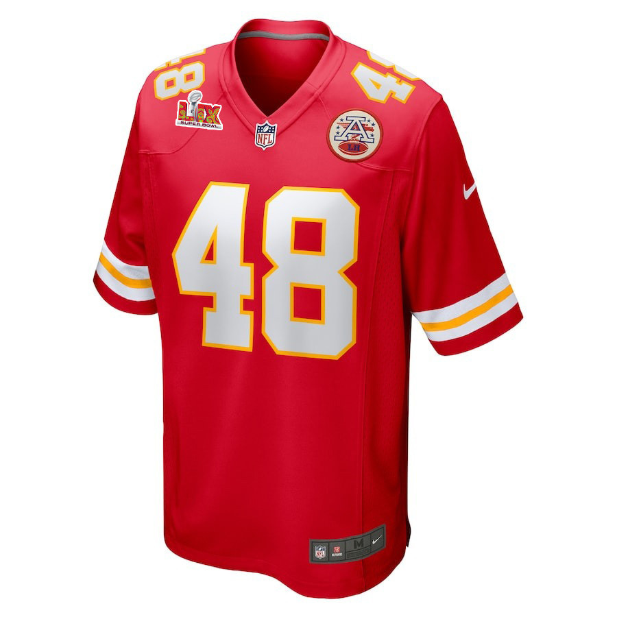 Alternative view of Cole Christiansen #48 Kansas City Chiefs Super Bowl LIX YOUTH Jersey - Red JS5721 nicesnker