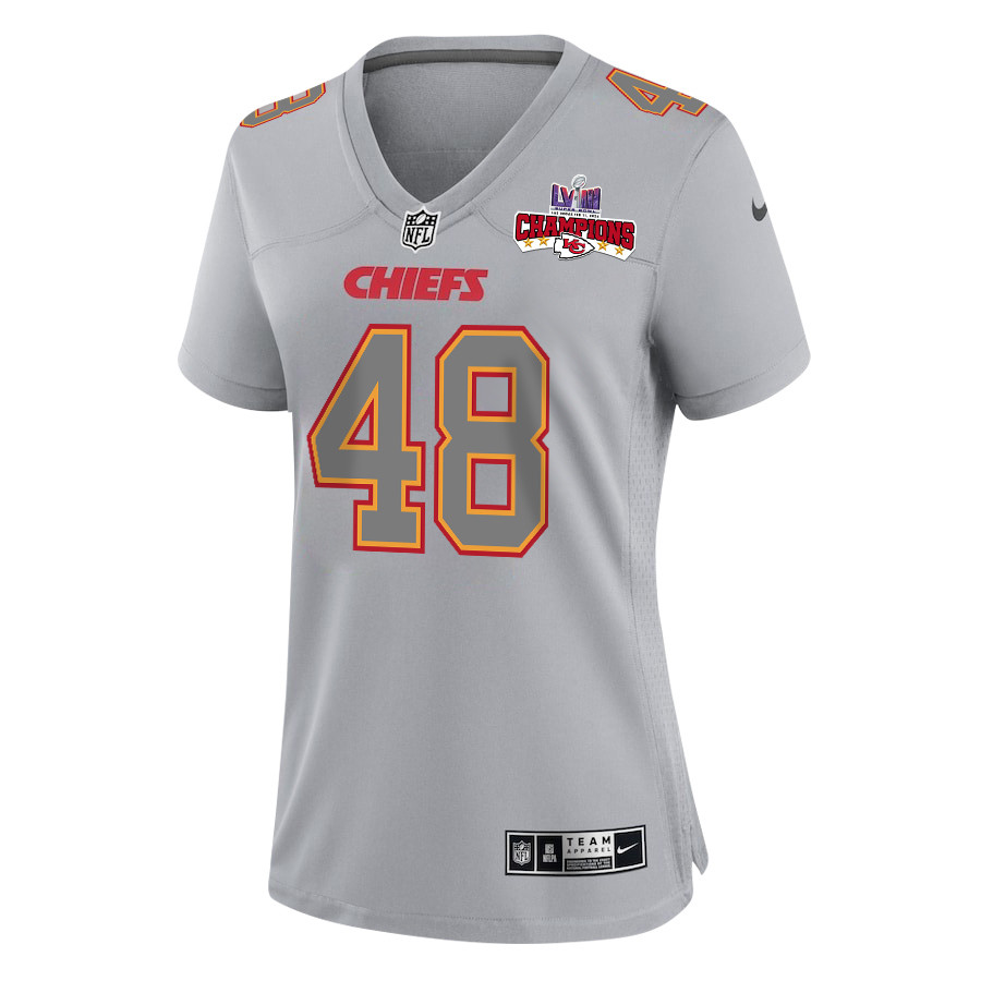Alternative view of Cole Christiansen 48 Kansas City Chiefs Super Bowl LVIII Champions 4 Stars Patch Atmosphere Fashion Game Women Jersey - Gray JS2978 nicesnker