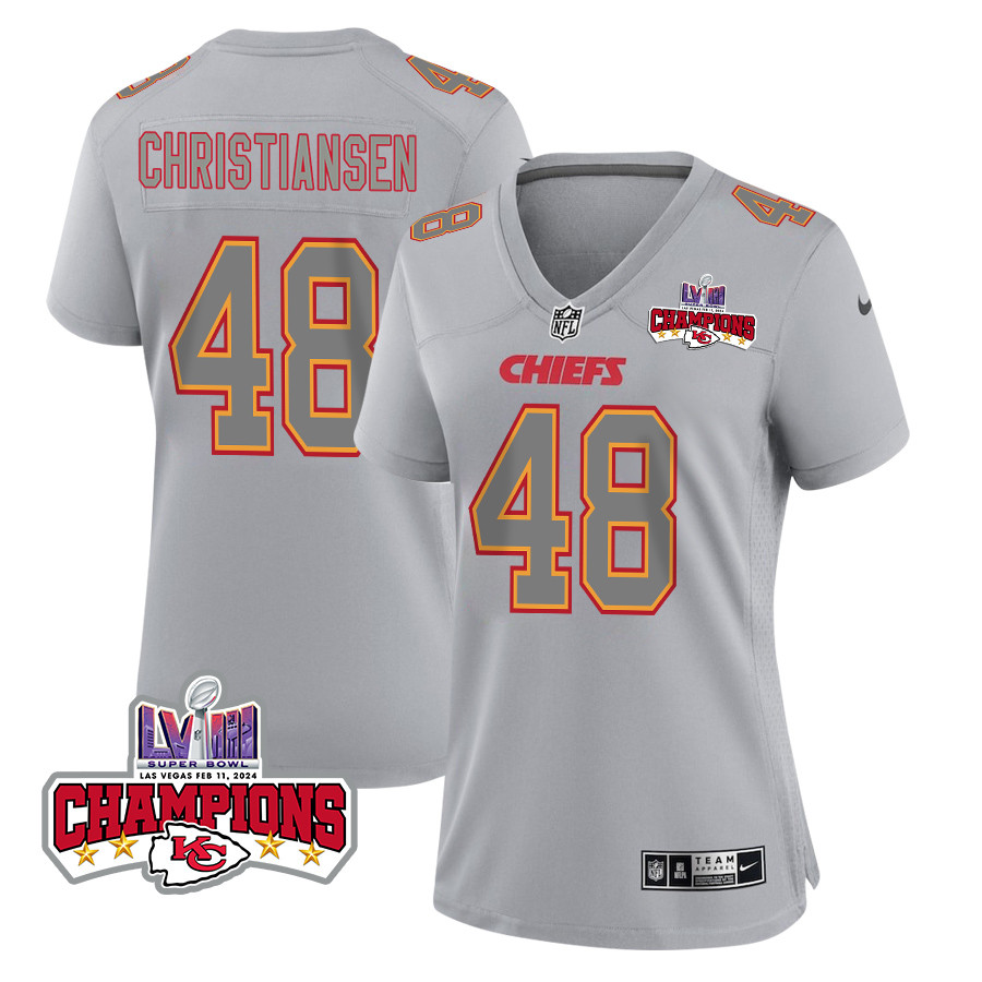 Cole Christiansen 48 Kansas City Chiefs Super Bowl LVIII Champions 4 Stars Patch Atmosphere Fashion Game Women Jersey - Gray JS2978 nicesnker