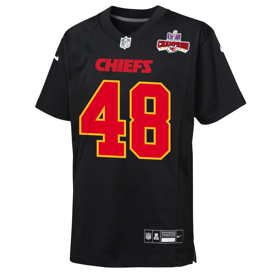 Alternative view of Cole Christiansen 48 Kansas City Chiefs Super Bowl LVIII Champions 4 Stars Patch Fashion Game YOUTH Jersey - Carbon Black JS8283 nicesnker