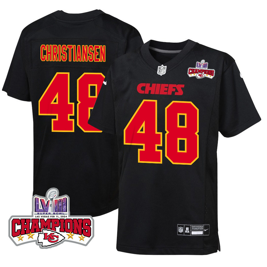 Cole Christiansen 48 Kansas City Chiefs Super Bowl LVIII Champions 4 Stars Patch Fashion Game YOUTH Jersey - Carbon Black JS8283 nicesnker