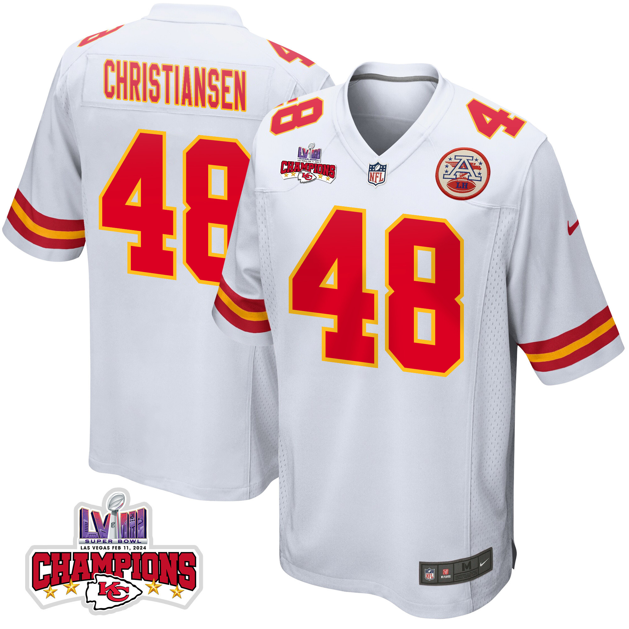 Cole Christiansen 48 Kansas City Chiefs Super Bowl LVIII Champions 4 Stars Patch Game Men Jersey - White JS1877 nicesnker