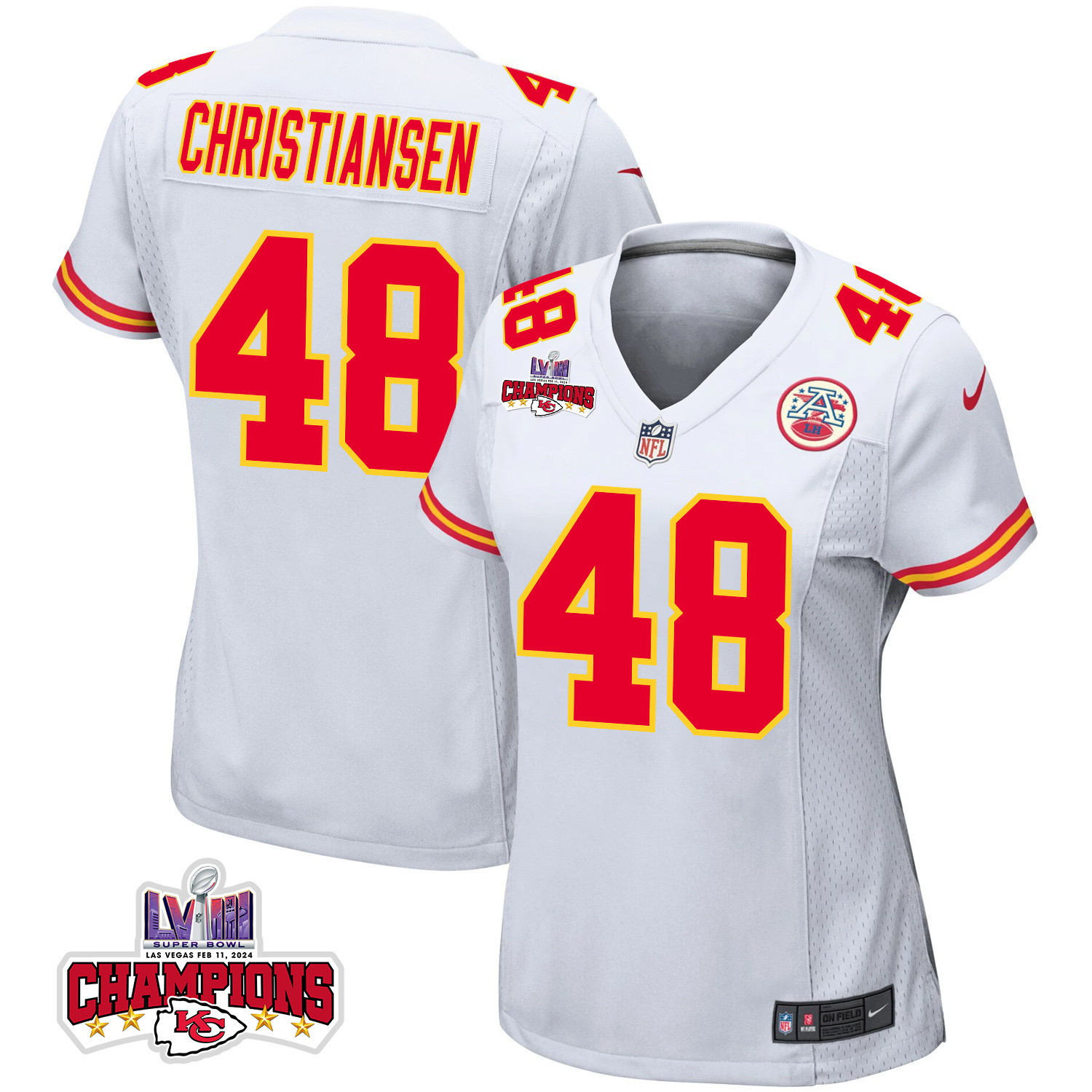 Cole Christiansen 48 Kansas City Chiefs Super Bowl LVIII Champions 4 Stars Patch Game Women Jersey - White JS4046 nicesnker