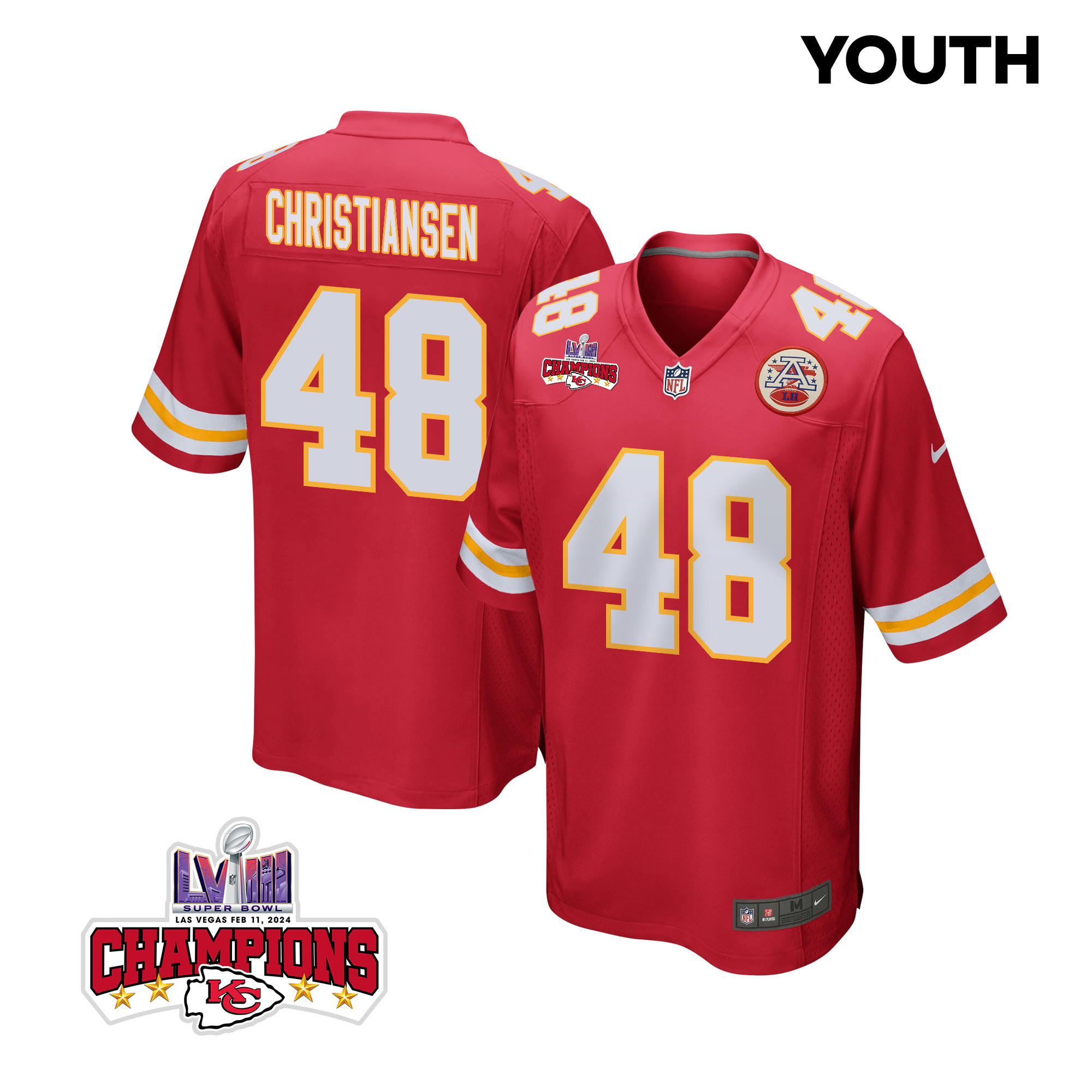 Cole Christiansen 48 Kansas City Chiefs Super Bowl LVIII Champions 4 Stars Patch Game YOUTH Jersey - Red JS2196 nicesnker
