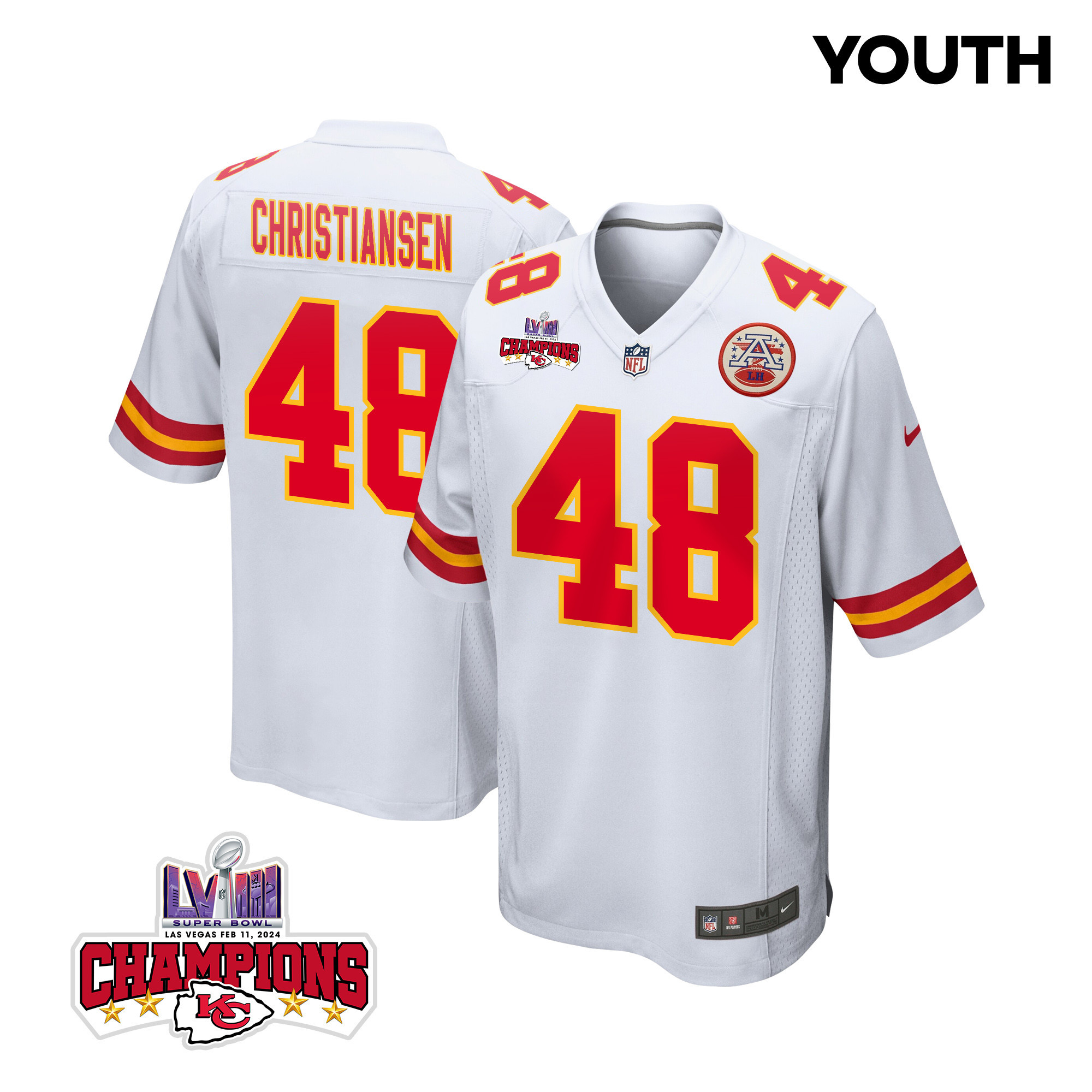 Cole Christiansen 48 Kansas City Chiefs Super Bowl LVIII Champions 4 Stars Patch Game YOUTH Jersey - White JS4314 nicesnker