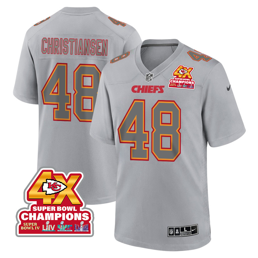 Cole Christiansen 48 Kansas City Chiefs Super Bowl LVIII Champions 4X Atmosphere Fashion Game Men Jersey - Gray JS8459 nicesnker