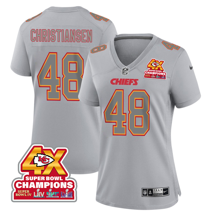 Cole Christiansen 48 Kansas City Chiefs Super Bowl LVIII Champions 4X Atmosphere Fashion Game Women Jersey - Gray JS4621 nicesnker