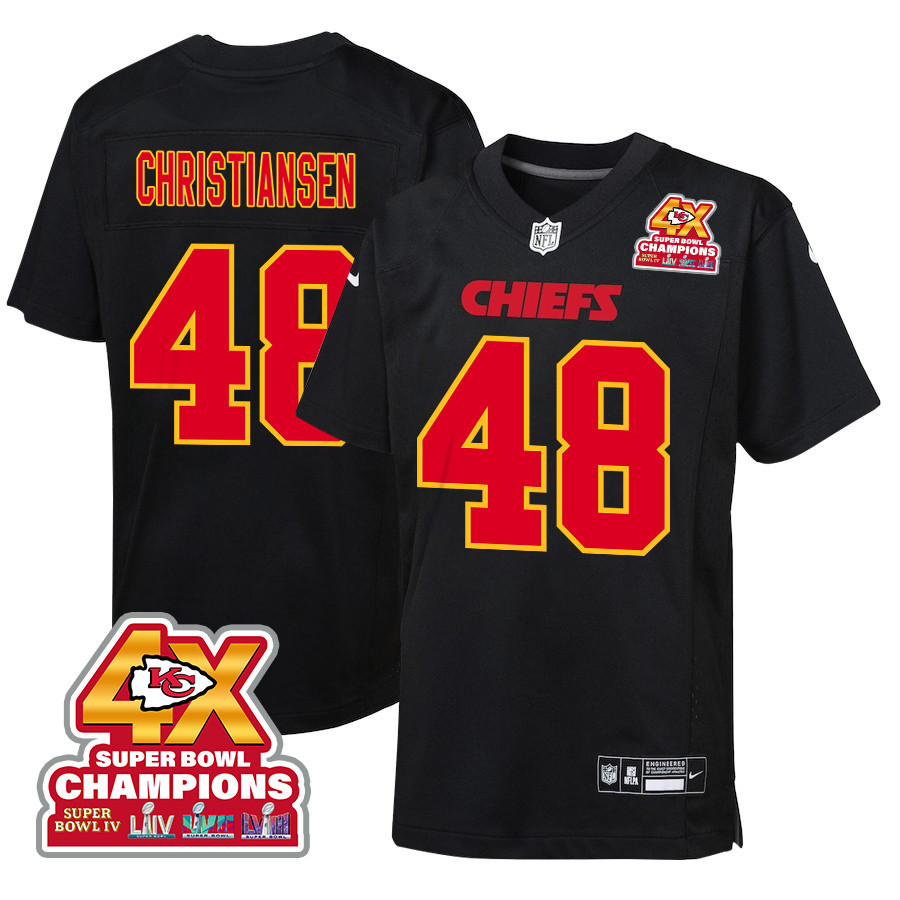 Cole Christiansen 48 Kansas City Chiefs Super Bowl LVIII Champions 4X Fashion Game YOUTH Jersey - Carbon Black JS1787 nicesnker