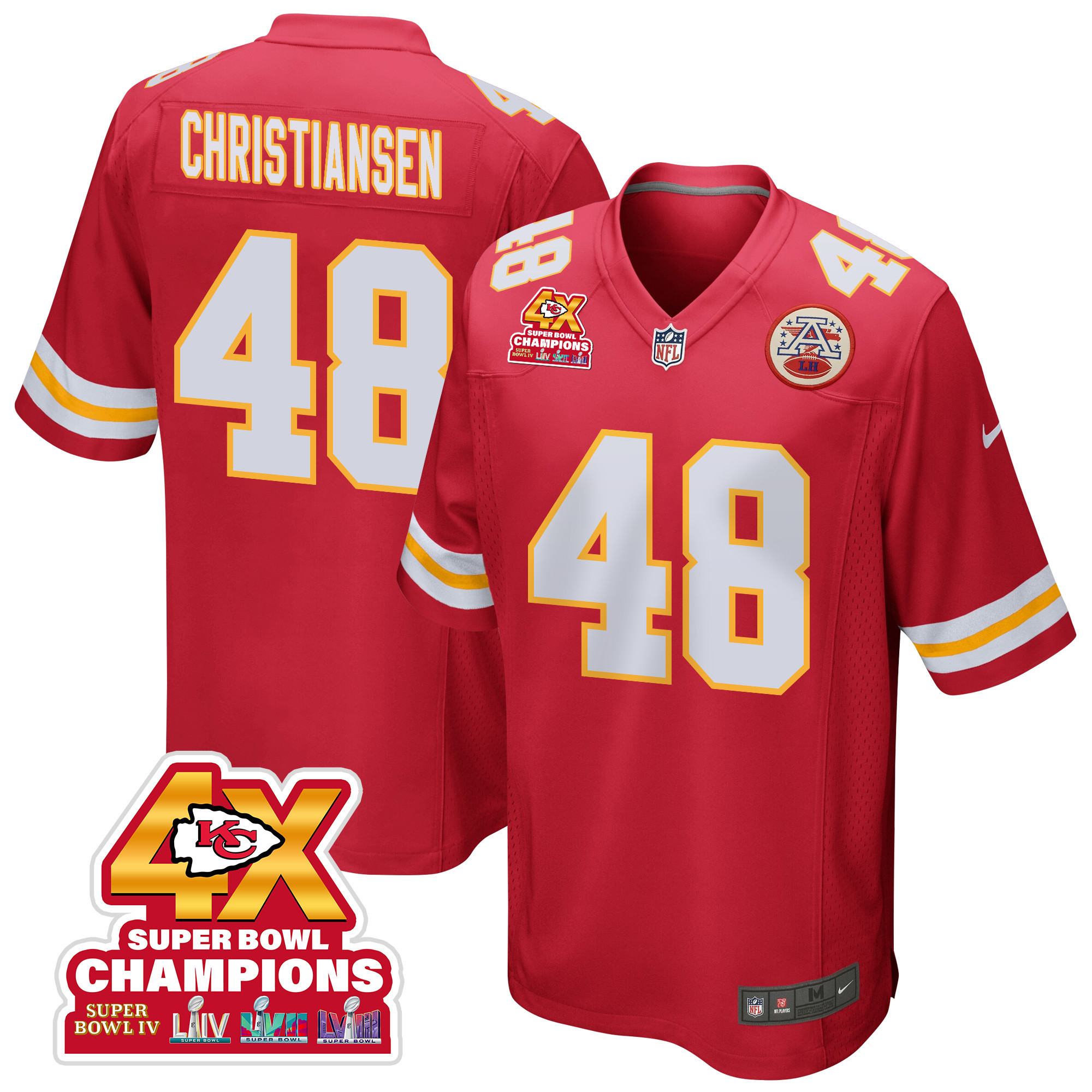 Cole Christiansen 48 Kansas City Chiefs Super Bowl LVIII Champions 4X Game Men Jersey - Red JS8781 nicesnker