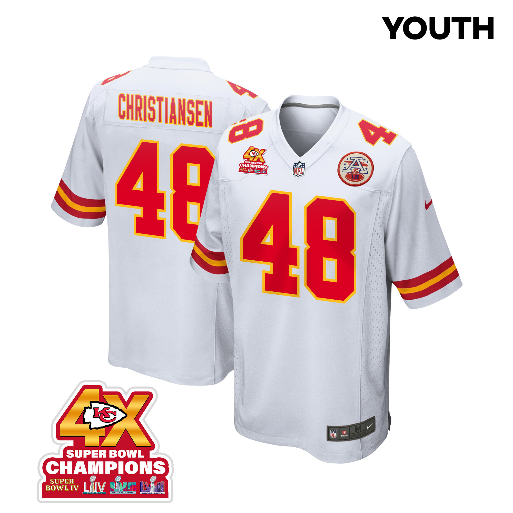 Cole Christiansen 48 Kansas City Chiefs Super Bowl LVIII Champions 4X Game YOUTH Jersey - White JS8754 nicesnker