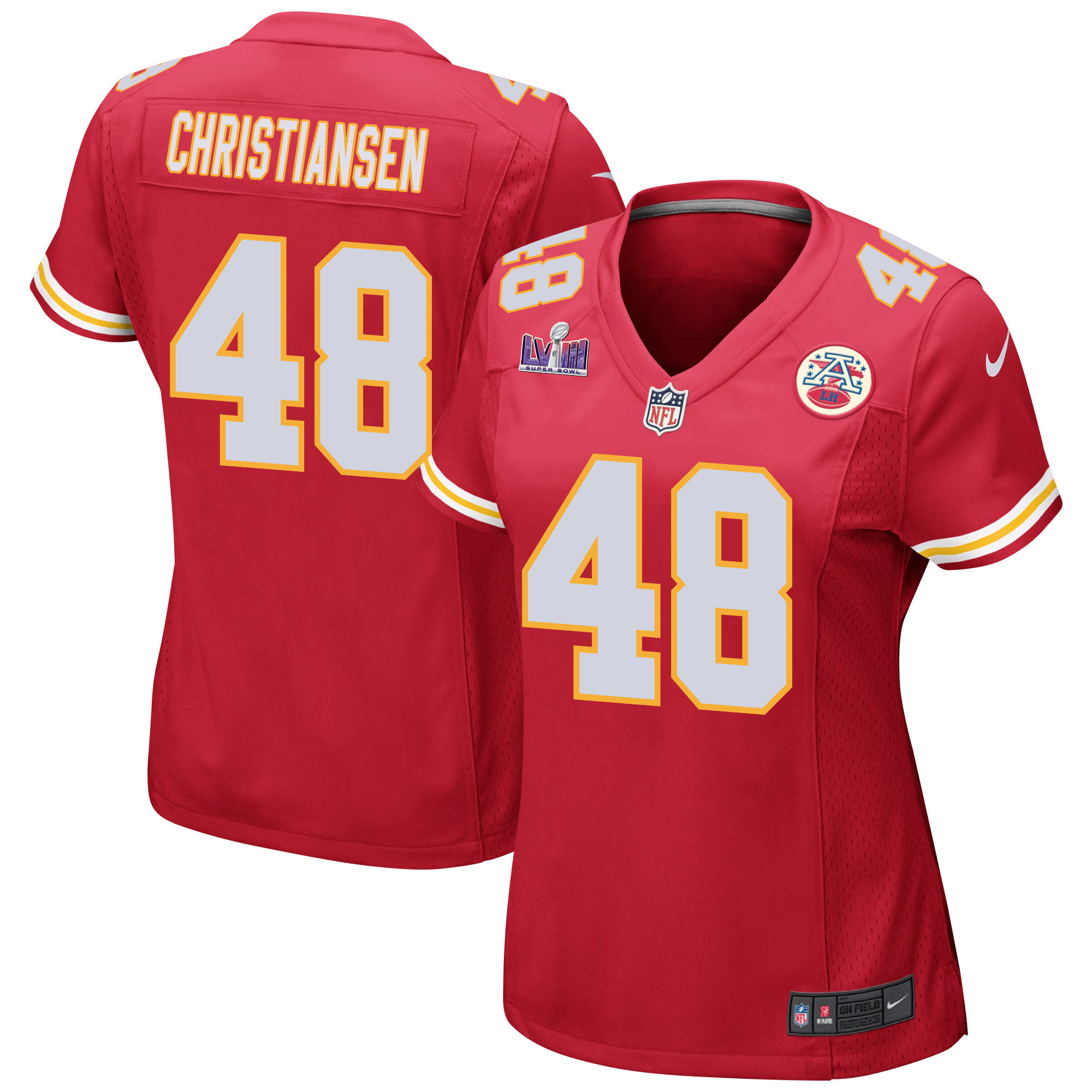 Cole Christiansen 48 Kansas City Chiefs Super Bowl LVIII Patch Game Women Jersey - Red JS7090 nicesnker