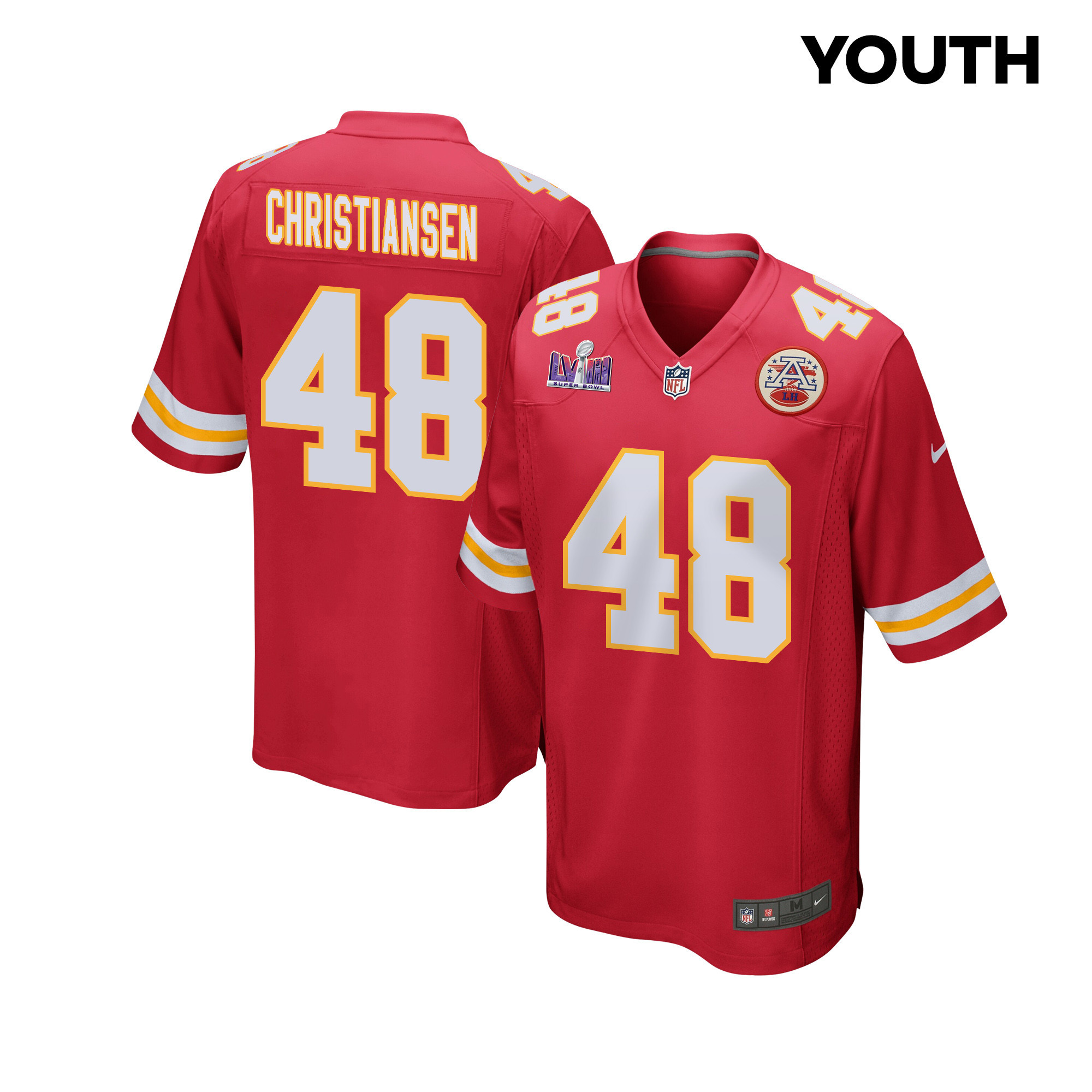 Cole Christiansen 48 Kansas City Chiefs Super Bowl LVIII Patch Game YOUTH Jersey - Red JS5632 nicesnker