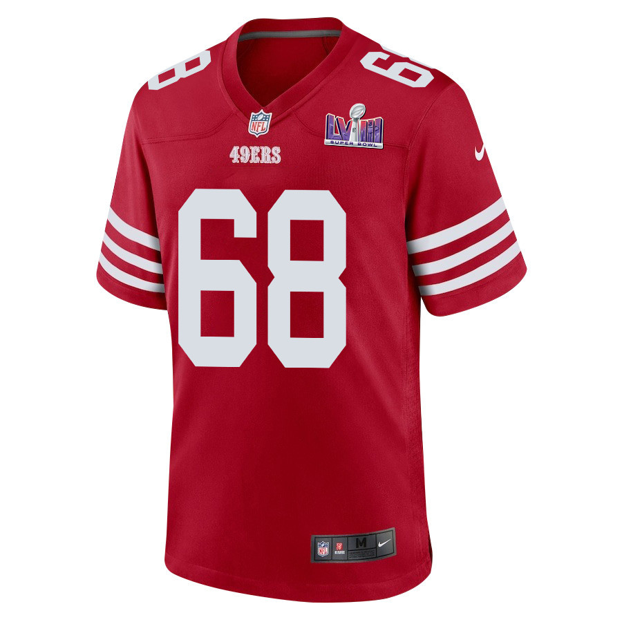 Alternative view of Colton McKivitz 68 San Francisco 49ers Super Bowl LVIII Patch Game Men Jersey - Scarlet JS6207 nicesnker