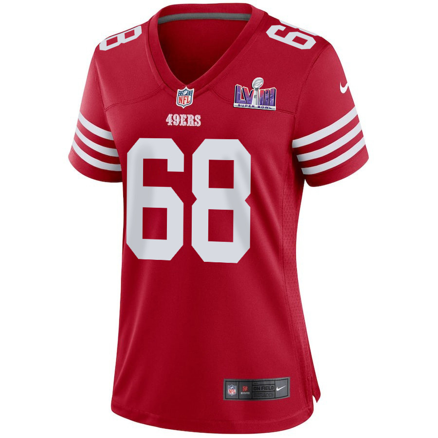 Alternative view of Colton McKivitz 68 San Francisco 49ers Super Bowl LVIII Patch Game Women Jersey - Scarlet JS7691 nicesnker