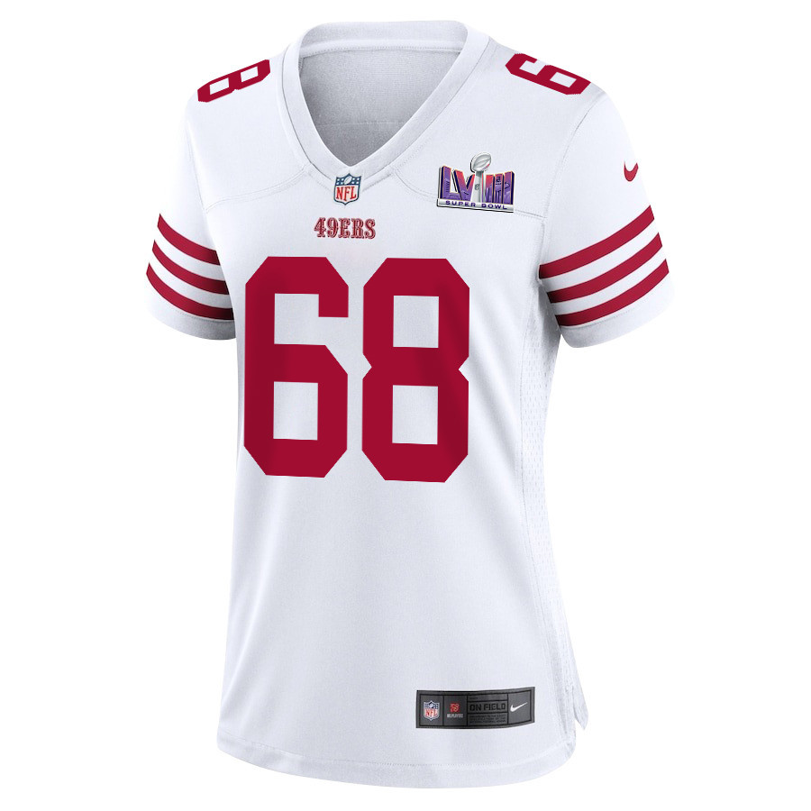 Alternative view of Colton McKivitz 68 San Francisco 49ers Super Bowl LVIII Patch Game Women Jersey - White JS4160 nicesnker