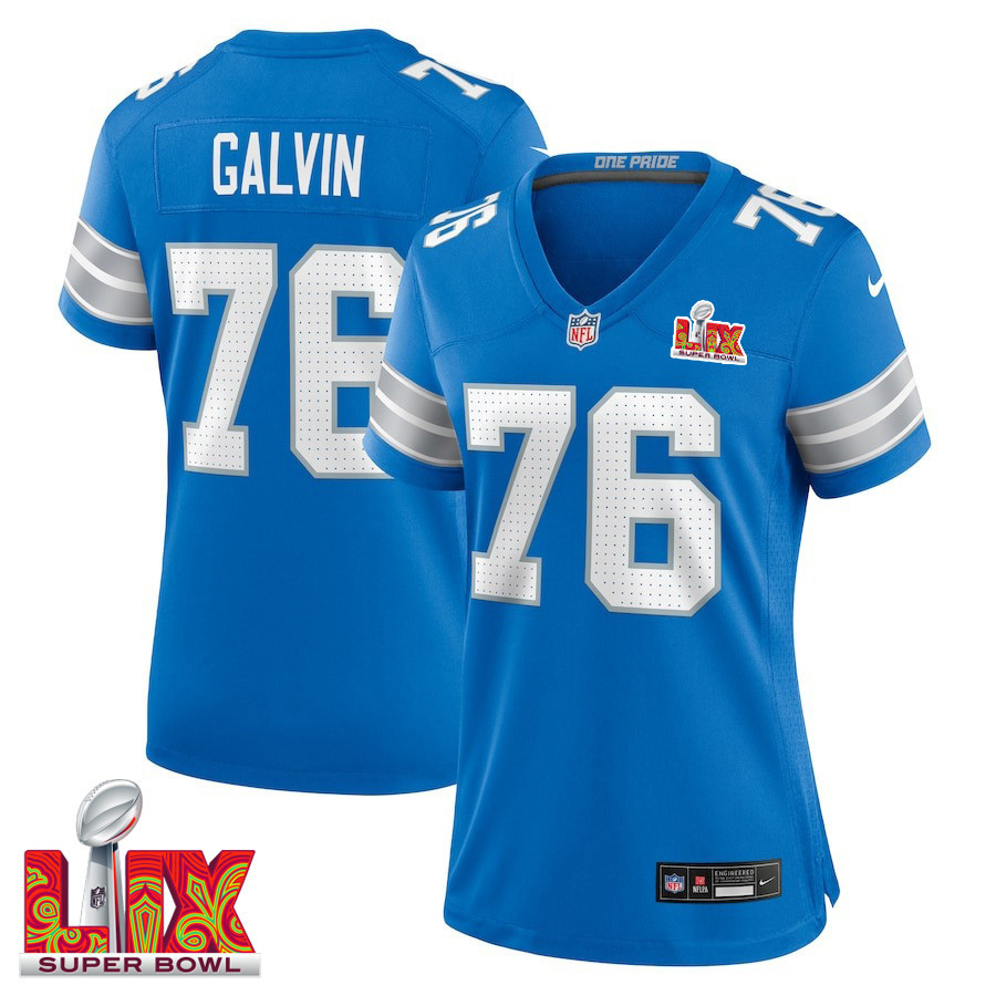 Connor Galvin #76 Detroit Lions Super Bowl LIX Women's Jersey - Blue JS6482 nicesnker