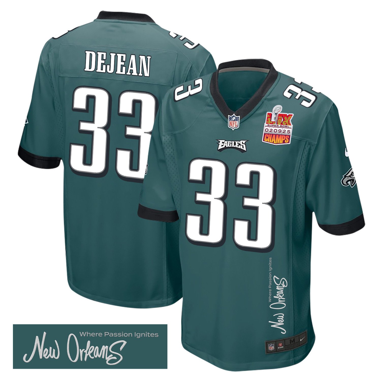 Cooper DeJean 33 Philadelphia Eagles Super Bowl LIX Champions Patch 'New Orleans - Where Passion Ignites' EMBROIDERED Game Men Jersey - Midnight Green JS8537 nicesnker