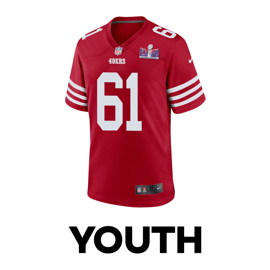 Alternative view of Corey Luciano 61 San Francisco 49ers Super Bowl LVIII Patch Game YOUTH Jersey - Scarlet JS6771 nicesnker