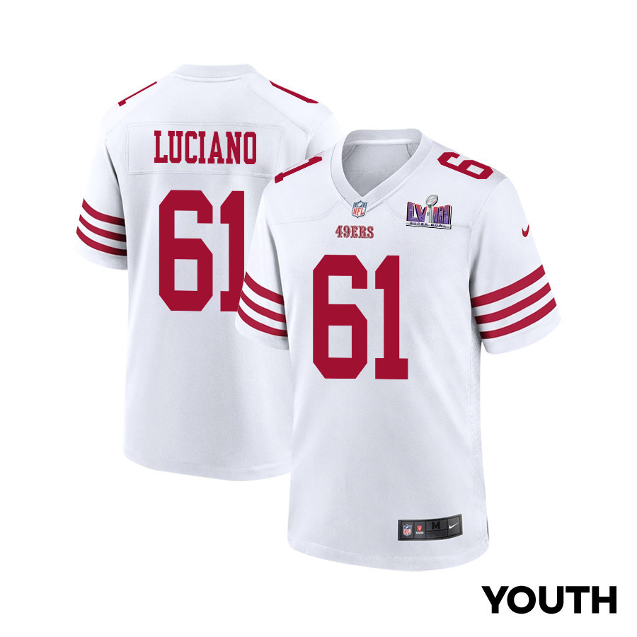 Corey Luciano 61 San Francisco 49ers Super Bowl LVIII Patch Game YOUTH Jersey - White JS3674 nicesnker