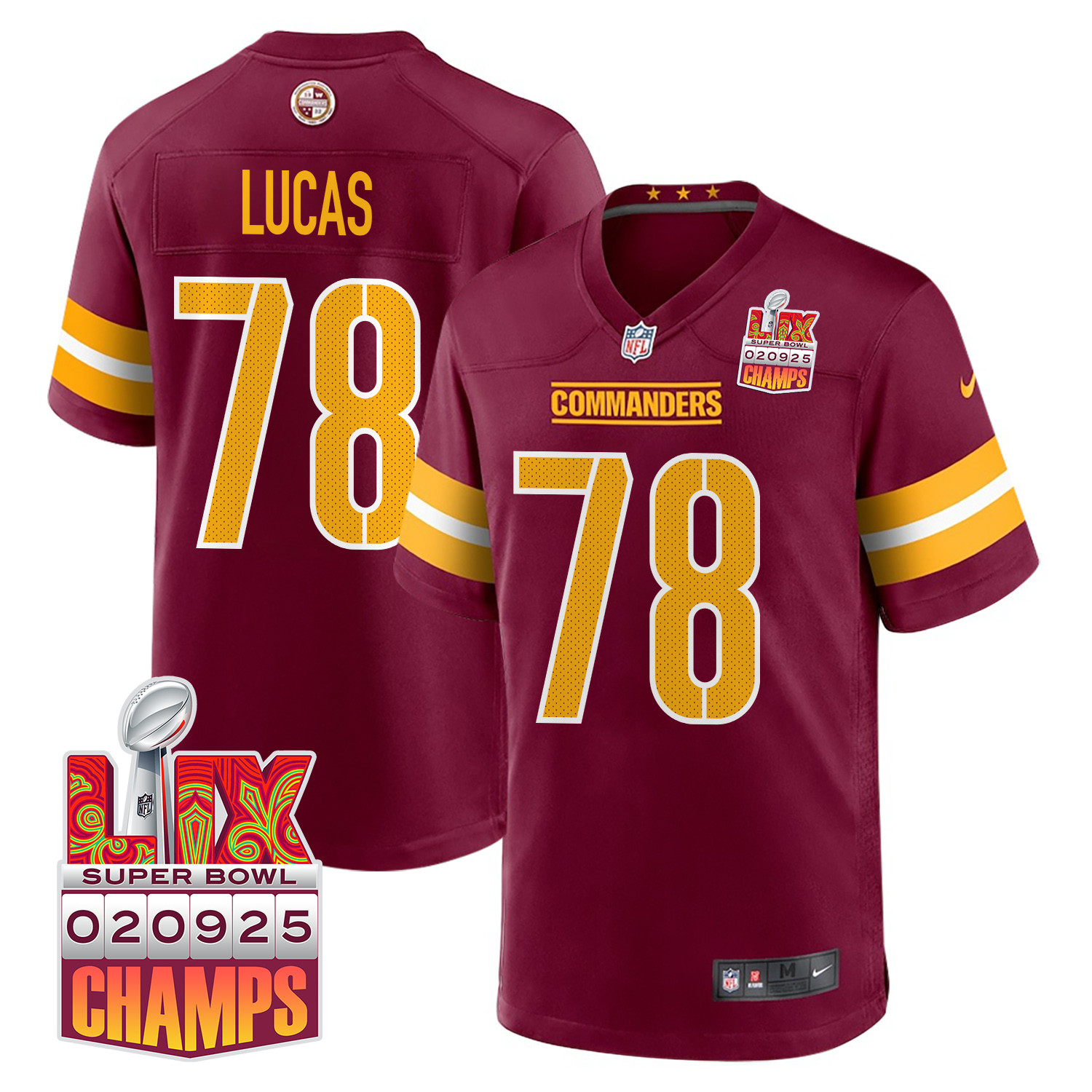 Cornelius Lucas 78 Washington Commanders Super Bowl LIX Champions Patch Game Men Jersey - Burgundy JS8718 nicesnker