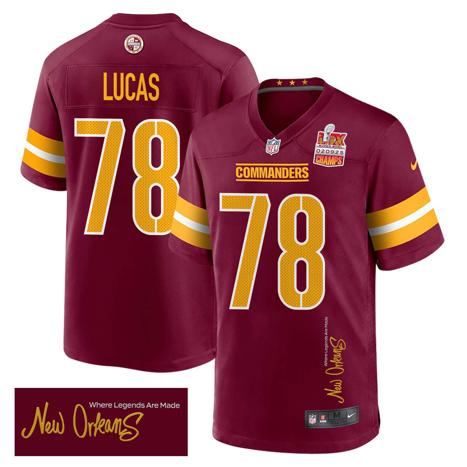 Cornelius Lucas 78 Washington Commanders Super Bowl LIX Champions Patch 'New Orleans - Where Legends Are Made' EMBROIDERED Game Men Jersey - Burgundy JS1664 nicesnker